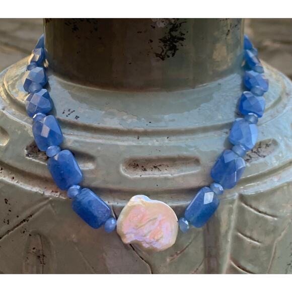 Sterling Silver, Pearl and Blue Chalcedony Necklace Vintage - Picture 2 of 7